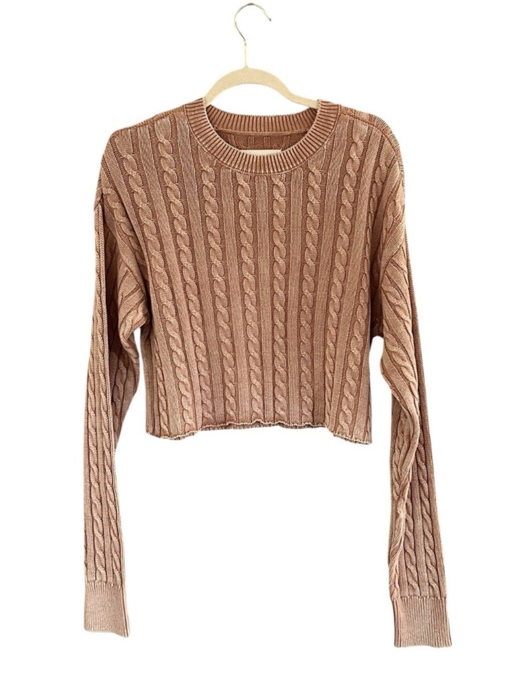 Aerie AE Mini Cable Knit Cropped Sweater Tan Womens Medium